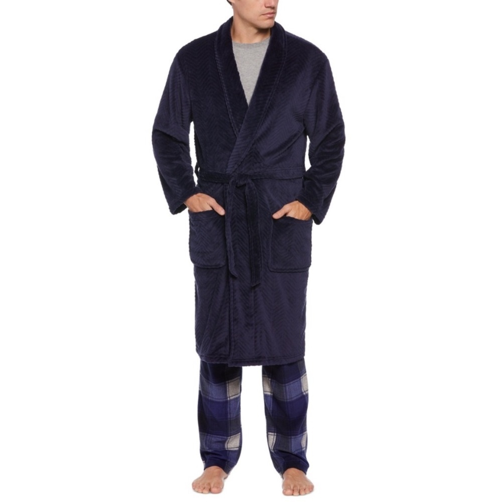Perry Ellis Portfolio Plush Fleece Belted Robe Peacoat Blue One Size NWT